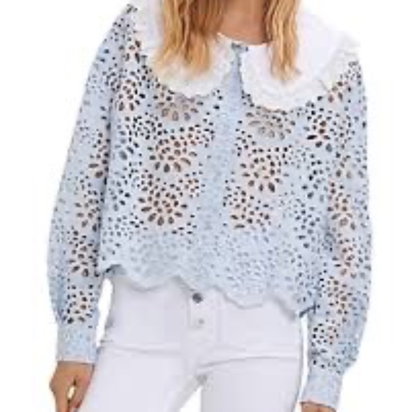 Maje Guipure Lace Top - Size 3 (Large, fits like Medium) Pale Blue / White - Picture 3 of 14